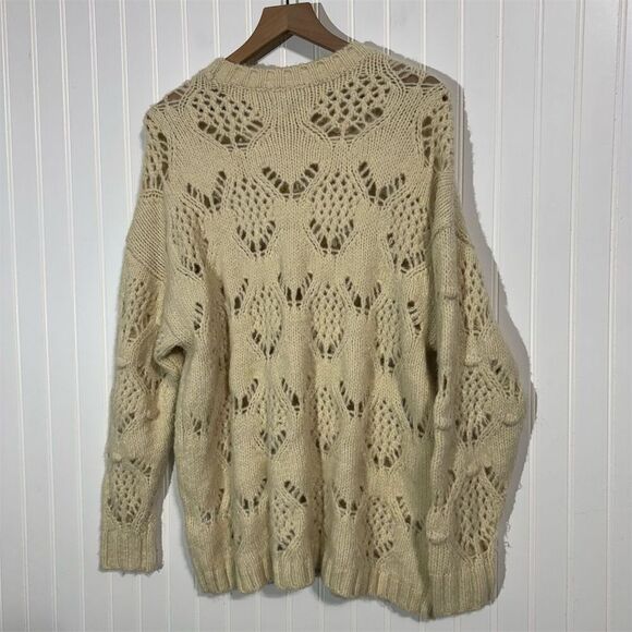 American Eagle S Open Knit Sweater Cream Wool Blend Chunky Fisherman Pullover - Picture 4 of 11
